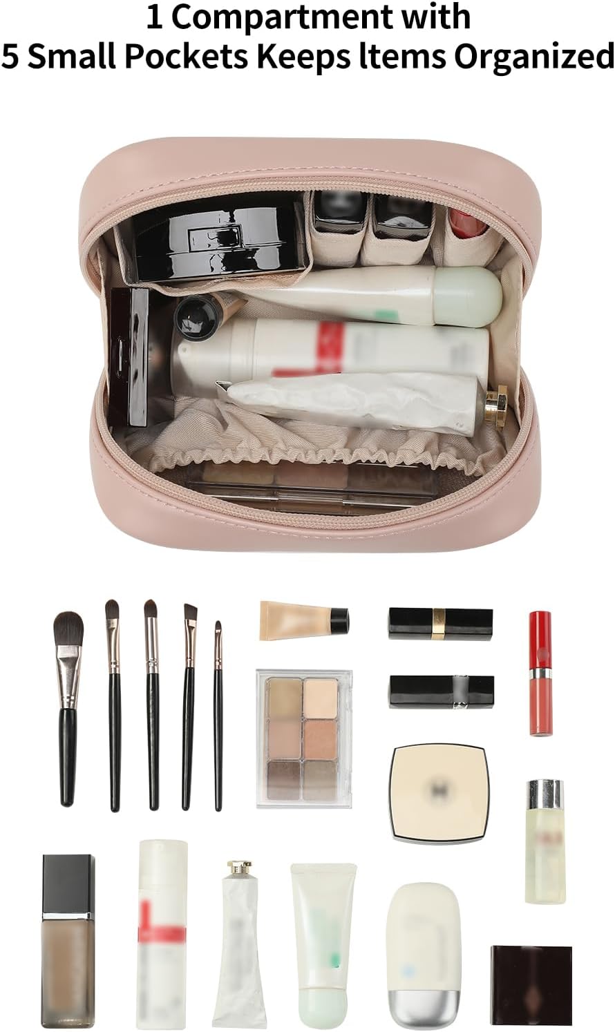 Small Makeup Bag for Purse,Cosmetic Bag Organizer for Women,Waterproof PU Leather Make Up Pouch Toiletry Bag with Pockets,Portable Makeup Case for Travel Accessories&Accessories(Pink)