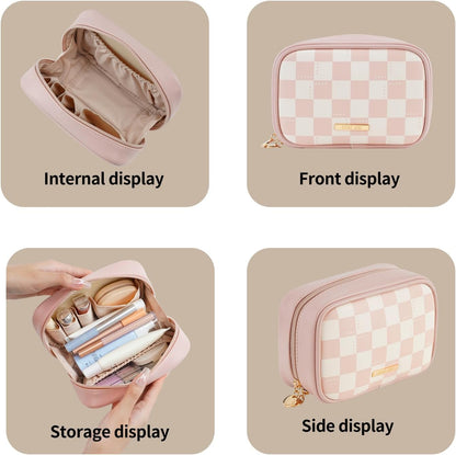 Small Makeup Bag for Purse,Cosmetic Bag Organizer for Women,Waterproof PU Leather Make Up Pouch Toiletry Bag with Pockets,Portable Makeup Case for Travel Accessories&Accessories(Pink)