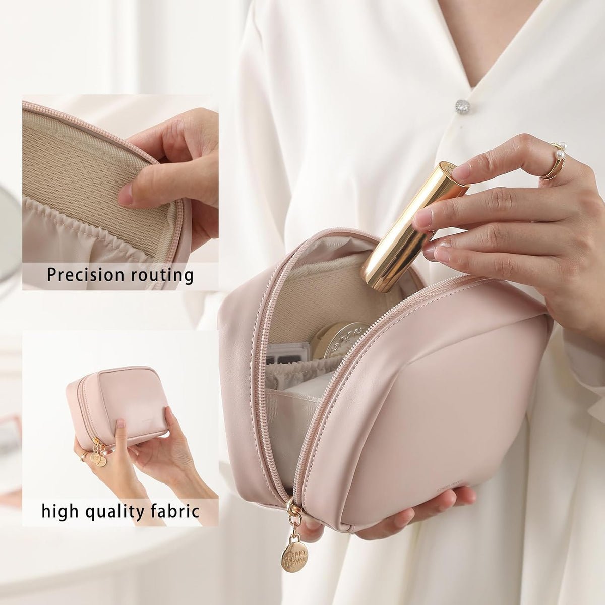 Small Makeup Bag for Purse,Cosmetic Bag Organizer for Women,Waterproof PU Leather Make Up Pouch Toiletry Bag with Pockets,Portable Makeup Case for Travel Accessories&Accessories(Pink)
