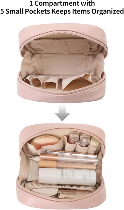 Small Makeup Bag for Purse,Cosmetic Bag Organizer for Women,Waterproof PU Leather Make Up Pouch Toiletry Bag with Pockets,Portable Makeup Case for Travel Accessories&Accessories(Pink)
