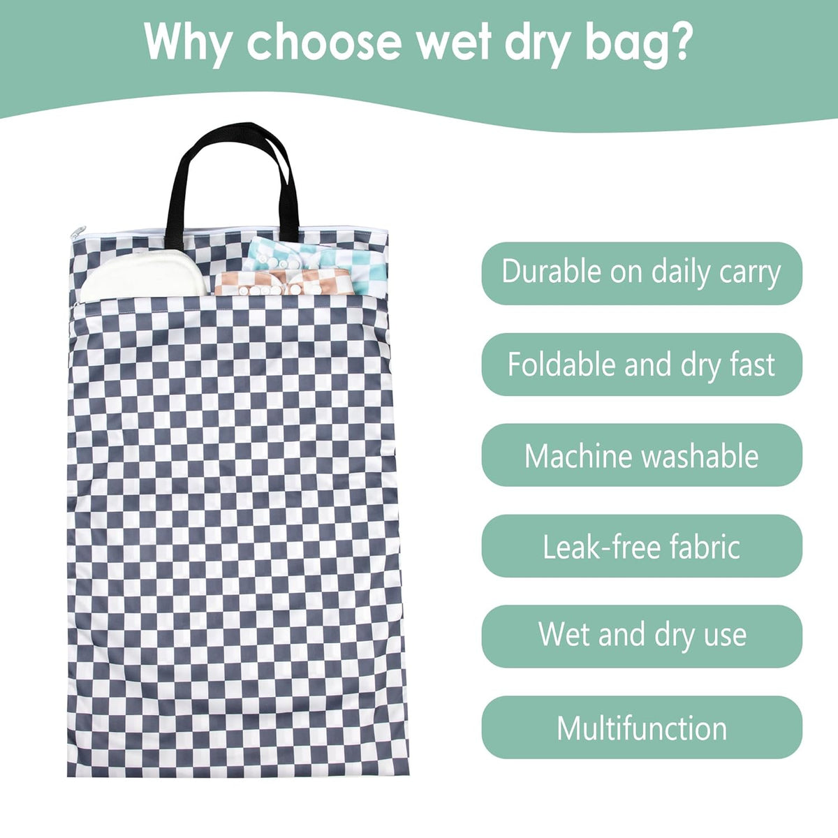 Reusable Hanging Wet Dry Cloth Diaper Bag (Checkerboard Grey, Mint Green)