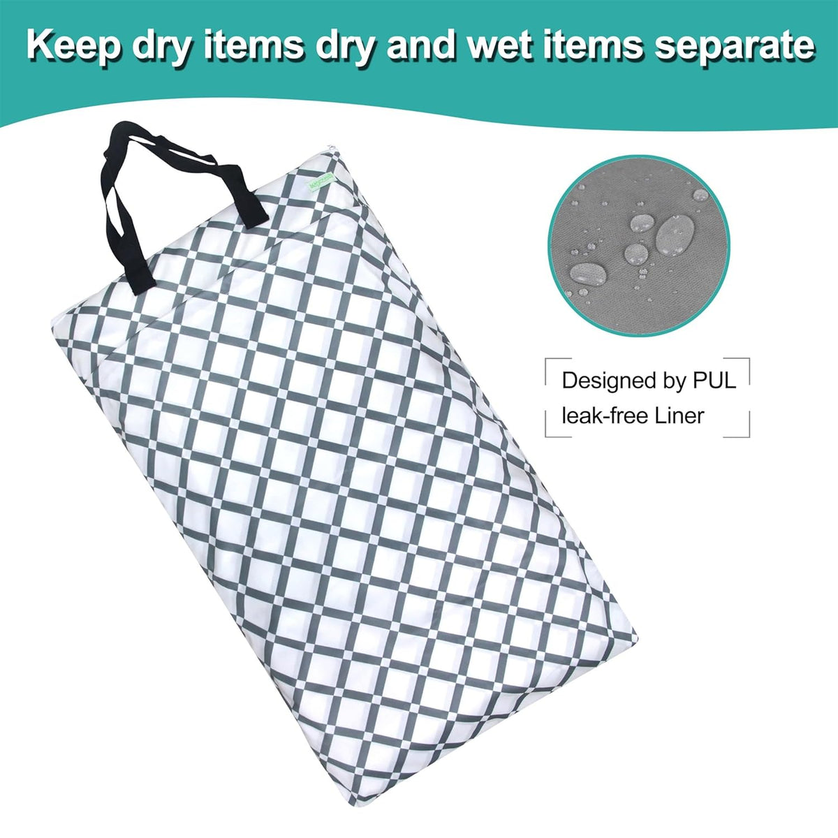 Reusable Hanging Wet Dry Cloth Diaper Bag (Checkerboard Grey, Mint Green)