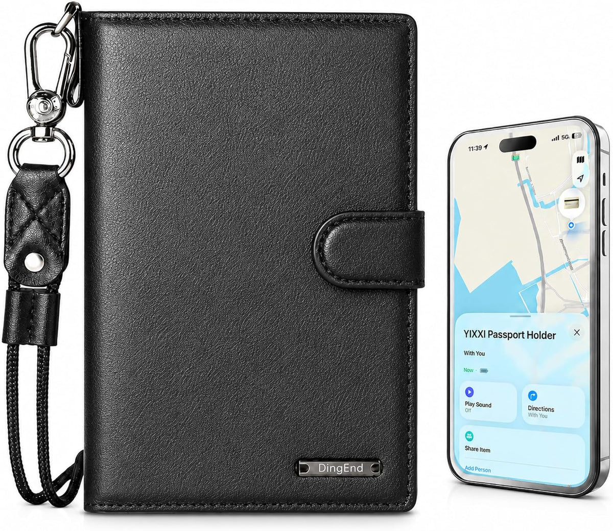 Trackable Passport Holder for Travel, RFID Blocking Card Wallet, Apple MFi Certified Smart Passport Cover Works with Find My, Rechargeable Travel Wallet with Lanyard, PU Leather, Black