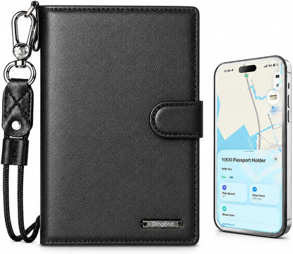 Trackable Passport Holder for Travel, RFID Blocking Card Wallet, Apple MFi Certified Smart Passport Cover Works with Find My, Rechargeable Travel Wallet with Lanyard, PU Leather, Black