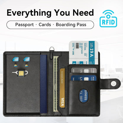 Trackable Passport Holder for Travel, RFID Blocking Card Wallet, Apple MFi Certified Smart Passport Cover Works with Find My, Rechargeable Travel Wallet with Lanyard, PU Leather, Black