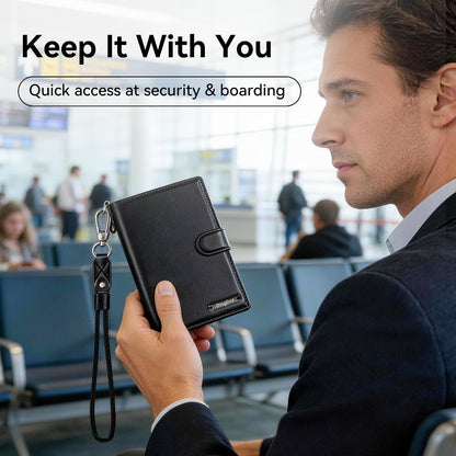 Trackable Passport Holder for Travel, RFID Blocking Card Wallet, Apple MFi Certified Smart Passport Cover Works with Find My, Rechargeable Travel Wallet with Lanyard, PU Leather, Black