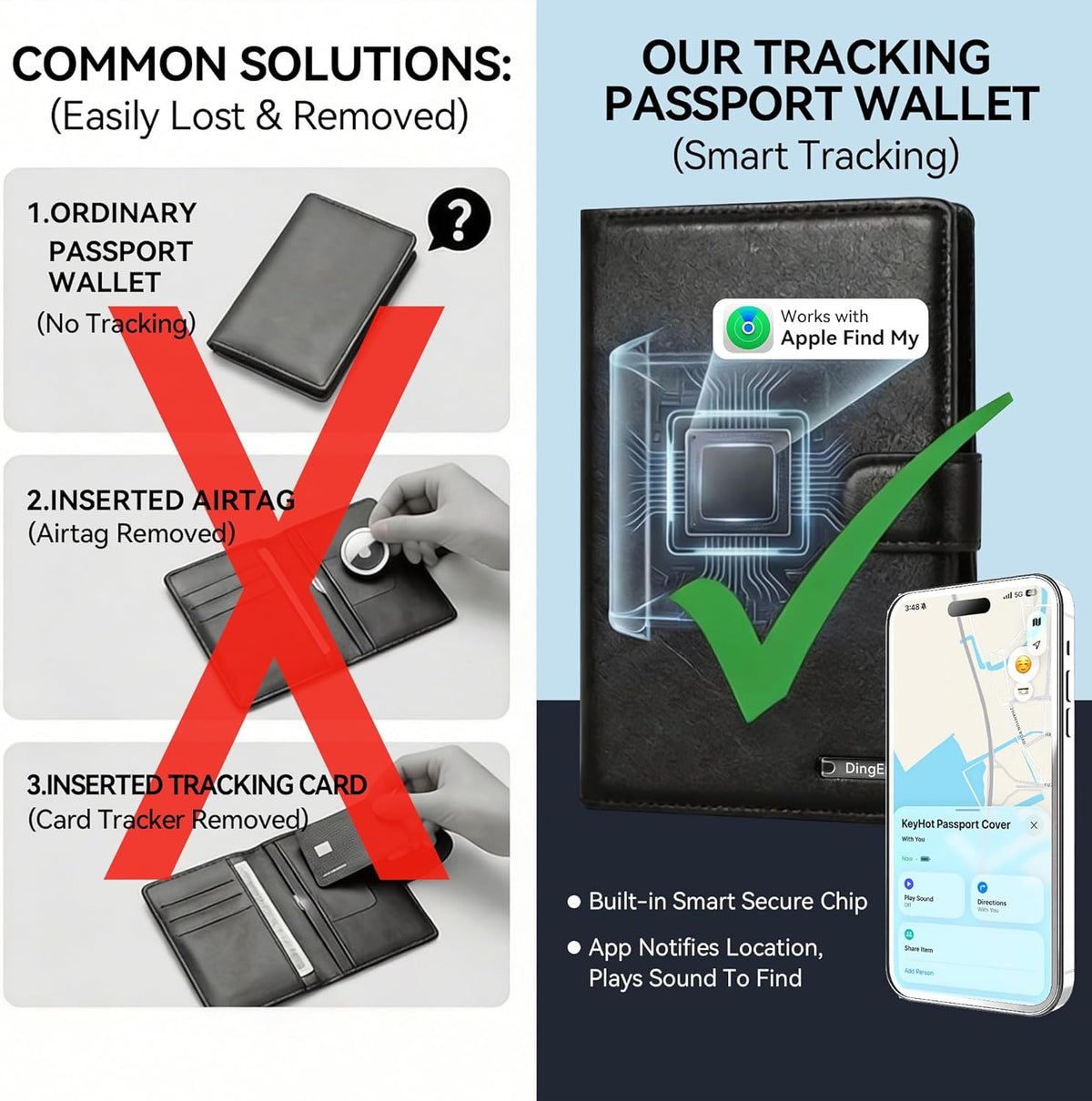 Trackable Passport Holder for Travel, RFID Blocking Card Wallet, Apple MFi Certified Smart Passport Cover Works with Find My, Rechargeable Travel Wallet with Lanyard, PU Leather, Black