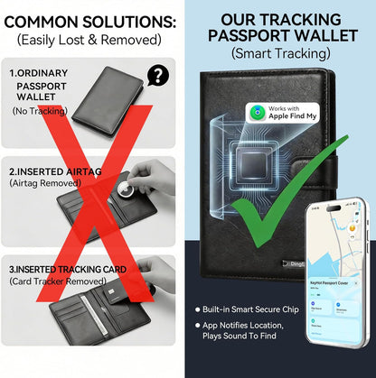 Trackable Passport Holder for Travel, RFID Blocking Card Wallet, Apple MFi Certified Smart Passport Cover Works with Find My, Rechargeable Travel Wallet with Lanyard, PU Leather, Black