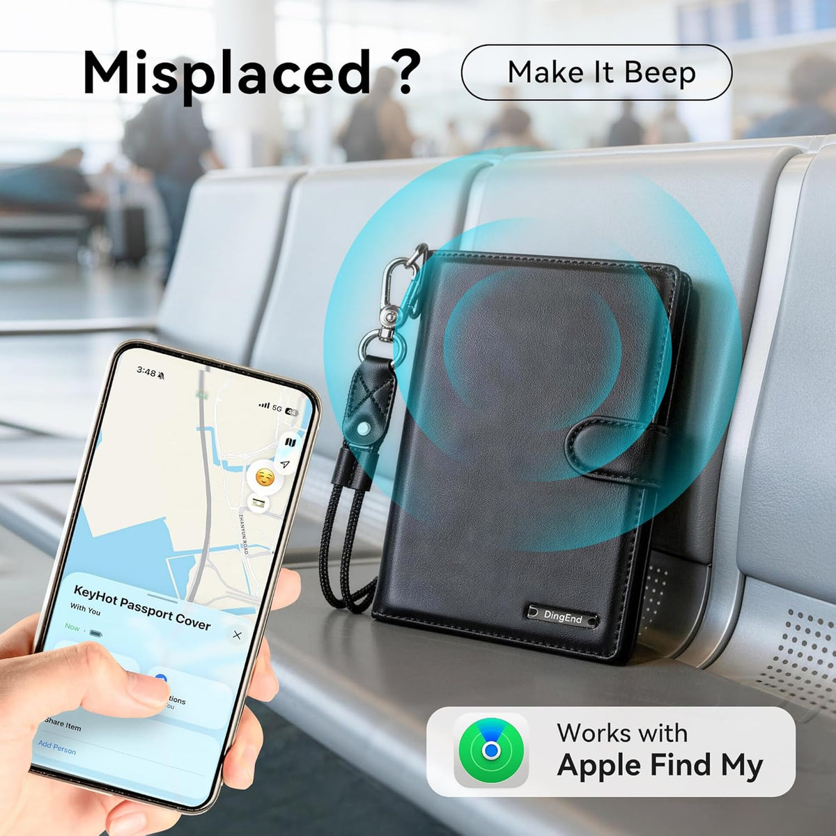 Trackable Passport Holder for Travel, RFID Blocking Card Wallet, Apple MFi Certified Smart Passport Cover Works with Find My, Rechargeable Travel Wallet with Lanyard, PU Leather, Black