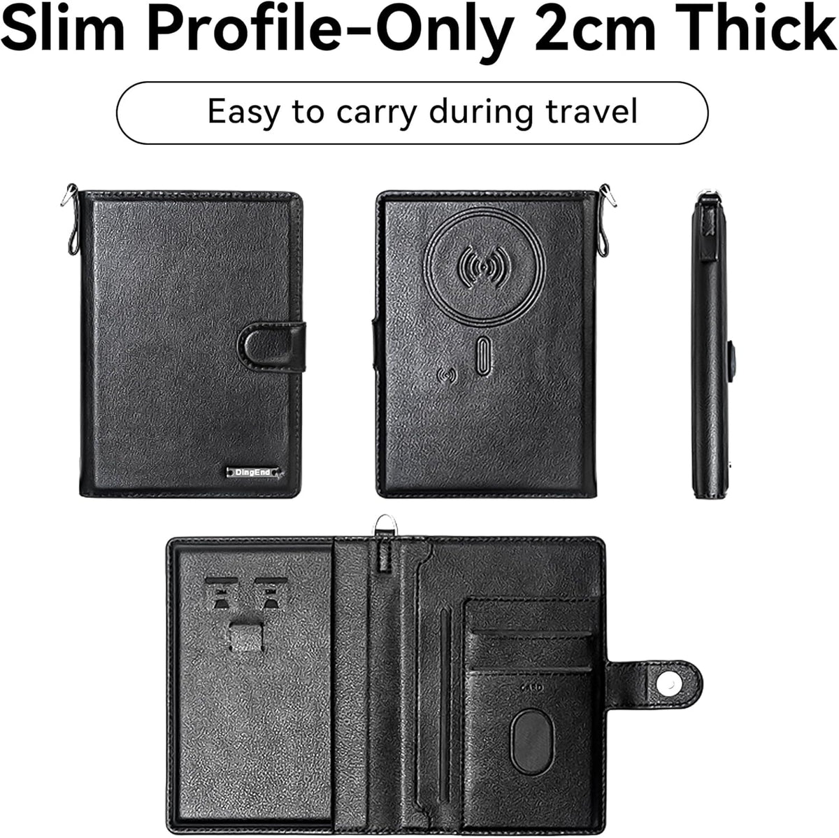 Trackable Passport Holder for Travel, RFID Blocking Card Wallet, Apple MFi Certified Smart Passport Cover Works with Find My, Rechargeable Travel Wallet with Lanyard, PU Leather, Black