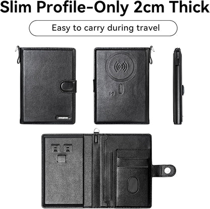 Trackable Passport Holder for Travel, RFID Blocking Card Wallet, Apple MFi Certified Smart Passport Cover Works with Find My, Rechargeable Travel Wallet with Lanyard, PU Leather, Black