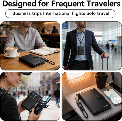 Trackable Passport Holder for Travel, RFID Blocking Card Wallet, Apple MFi Certified Smart Passport Cover Works with Find My, Rechargeable Travel Wallet with Lanyard, PU Leather, Black