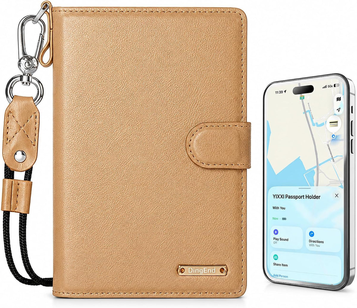 Trackable Passport Holder for Travel, RFID Blocking Card Wallet, Apple MFi Certified Smart Passport Cover Works with Find My, Rechargeable Travel Wallet with Lanyard, PU Leather, Black