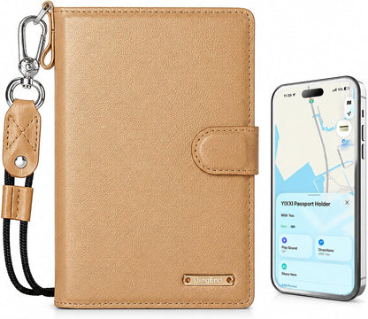 Trackable Passport Holder for Travel, RFID Blocking Card Wallet, Apple MFi Certified Smart Passport Cover Works with Find My, Rechargeable Travel Wallet with Lanyard, PU Leather, Black