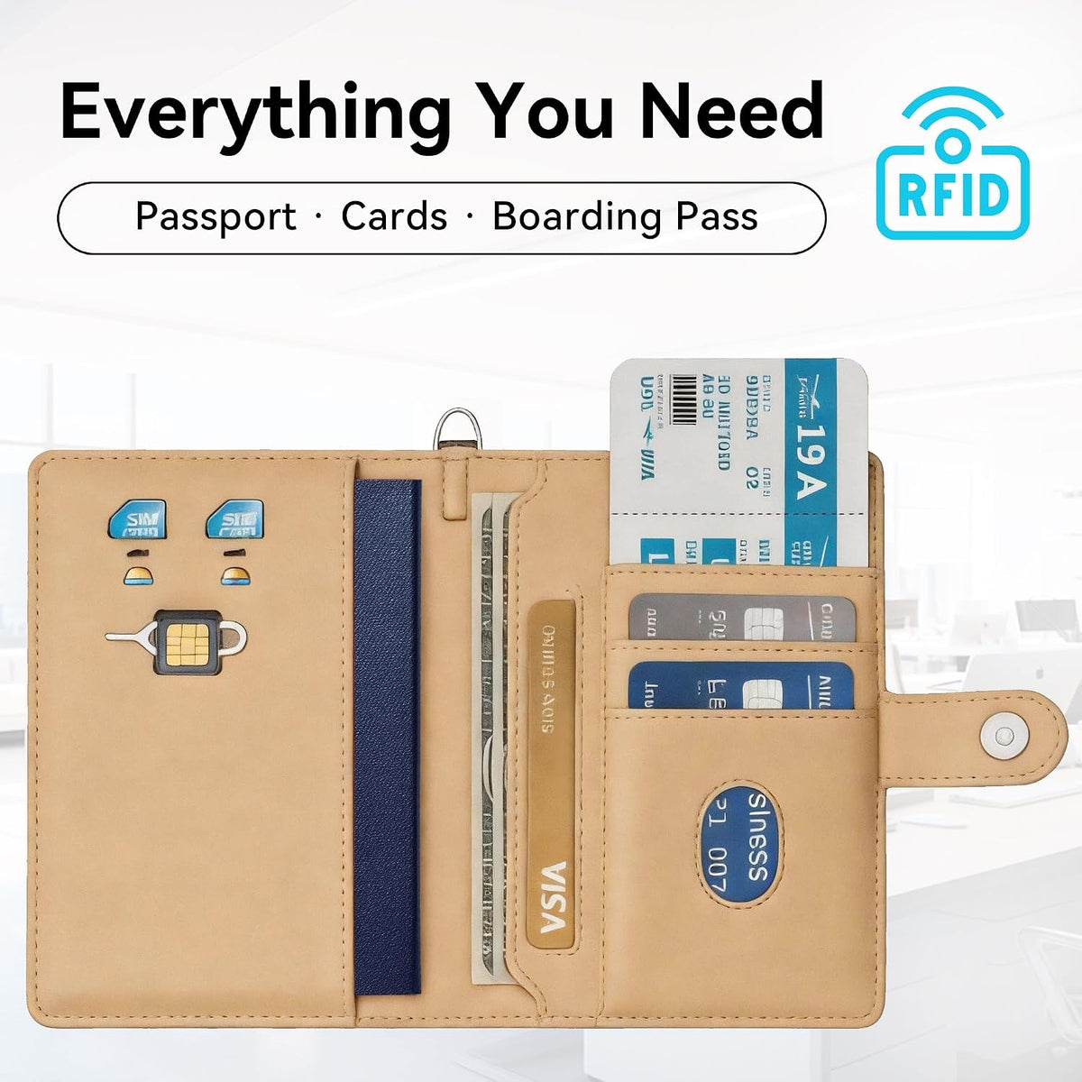 Trackable Passport Holder for Travel, RFID Blocking Card Wallet, Apple MFi Certified Smart Passport Cover Works with Find My, Rechargeable Travel Wallet with Lanyard, PU Leather, Black