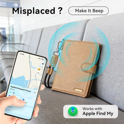 Trackable Passport Holder for Travel, RFID Blocking Card Wallet, Apple MFi Certified Smart Passport Cover Works with Find My, Rechargeable Travel Wallet with Lanyard, PU Leather, Black