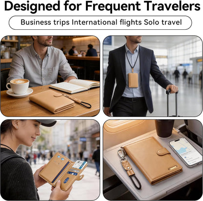 Trackable Passport Holder for Travel, RFID Blocking Card Wallet, Apple MFi Certified Smart Passport Cover Works with Find My, Rechargeable Travel Wallet with Lanyard, PU Leather, Black