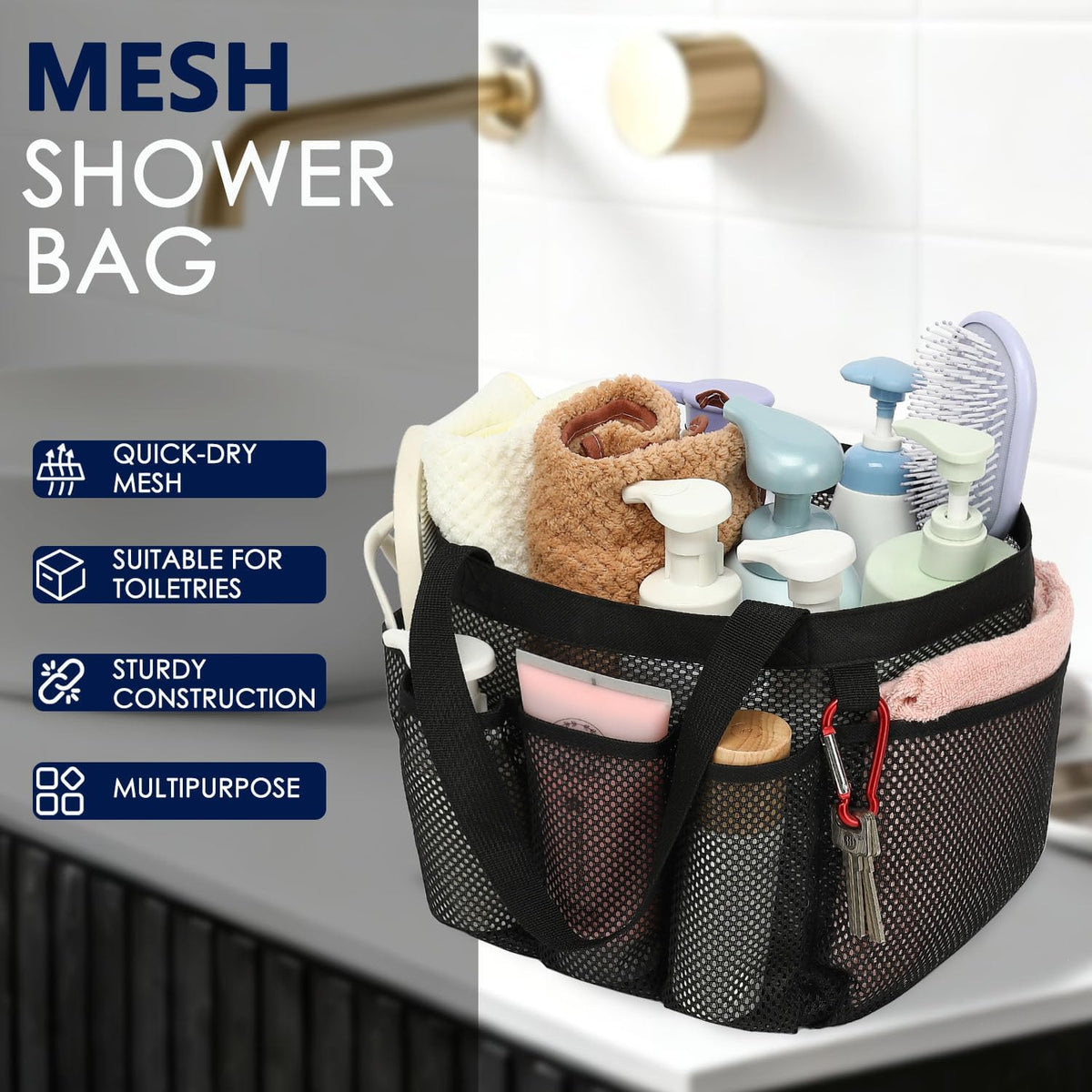 Mesh Shower Caddy Hanging Organizer with 7 Pockets and Hooks, Portable Quick Dry Bathroom Storage for College Dorm, Cruise, RV, Gym, Travel Toiletry Bag, White, 1 Pack