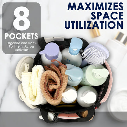 Mesh Shower Caddy Hanging Organizer with 7 Pockets and Hooks, Portable Quick Dry Bathroom Storage for College Dorm, Cruise, RV, Gym, Travel Toiletry Bag, White, 1 Pack