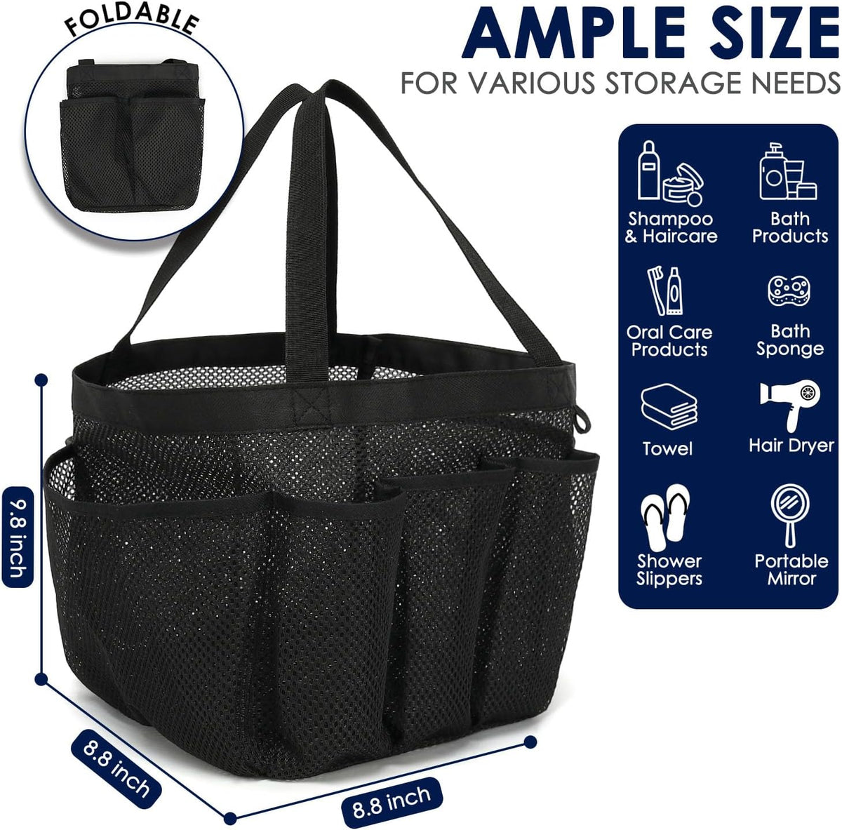 Mesh Shower Caddy Hanging Organizer with 7 Pockets and Hooks, Portable Quick Dry Bathroom Storage for College Dorm, Cruise, RV, Gym, Travel Toiletry Bag, White, 1 Pack