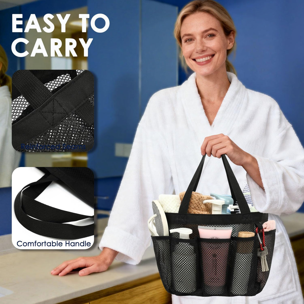 Mesh Shower Caddy Hanging Organizer with 7 Pockets and Hooks, Portable Quick Dry Bathroom Storage for College Dorm, Cruise, RV, Gym, Travel Toiletry Bag, White, 1 Pack