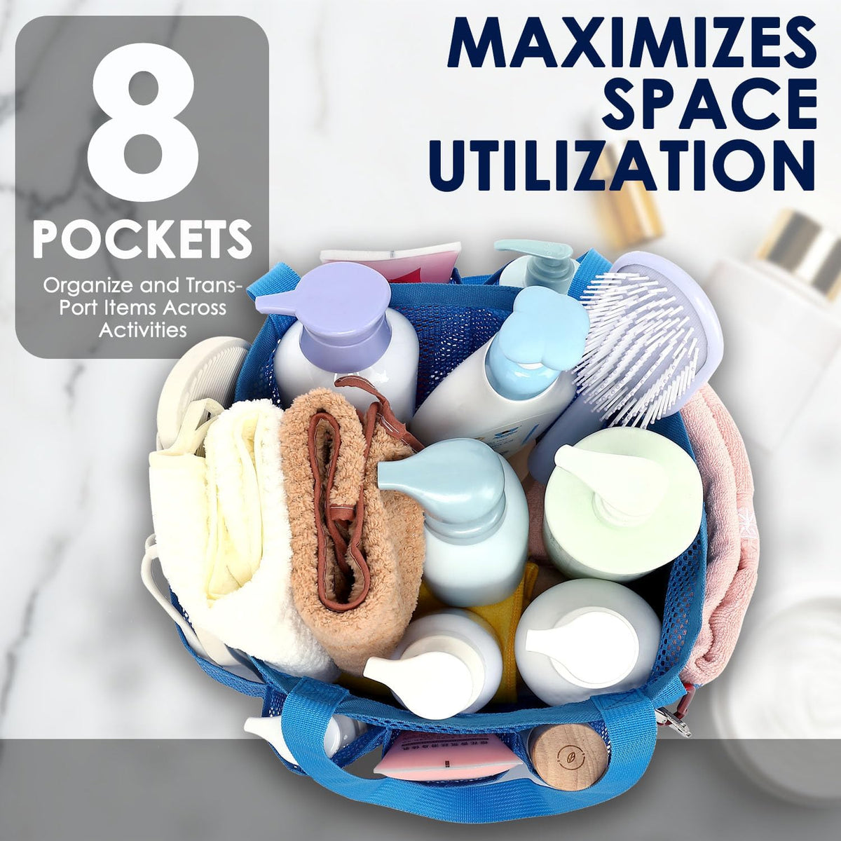 Mesh Shower Caddy Hanging Organizer with 7 Pockets and Hooks, Portable Quick Dry Bathroom Storage for College Dorm, Cruise, RV, Gym, Travel Toiletry Bag, White, 1 Pack