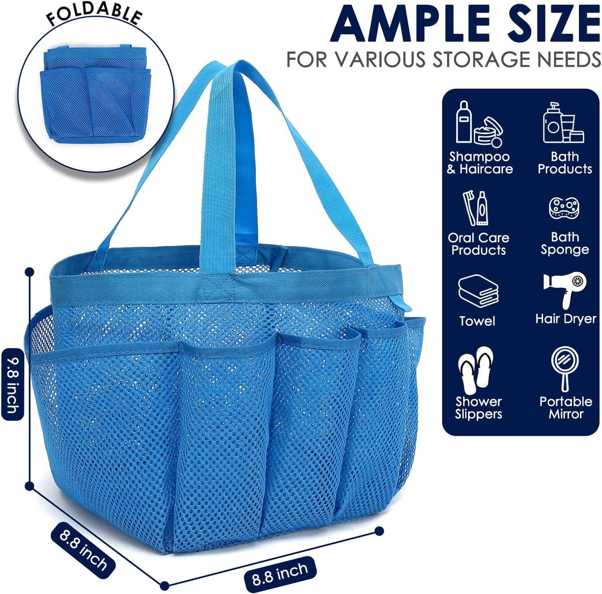 Mesh Shower Caddy Hanging Organizer with 7 Pockets and Hooks, Portable Quick Dry Bathroom Storage for College Dorm, Cruise, RV, Gym, Travel Toiletry Bag, White, 1 Pack