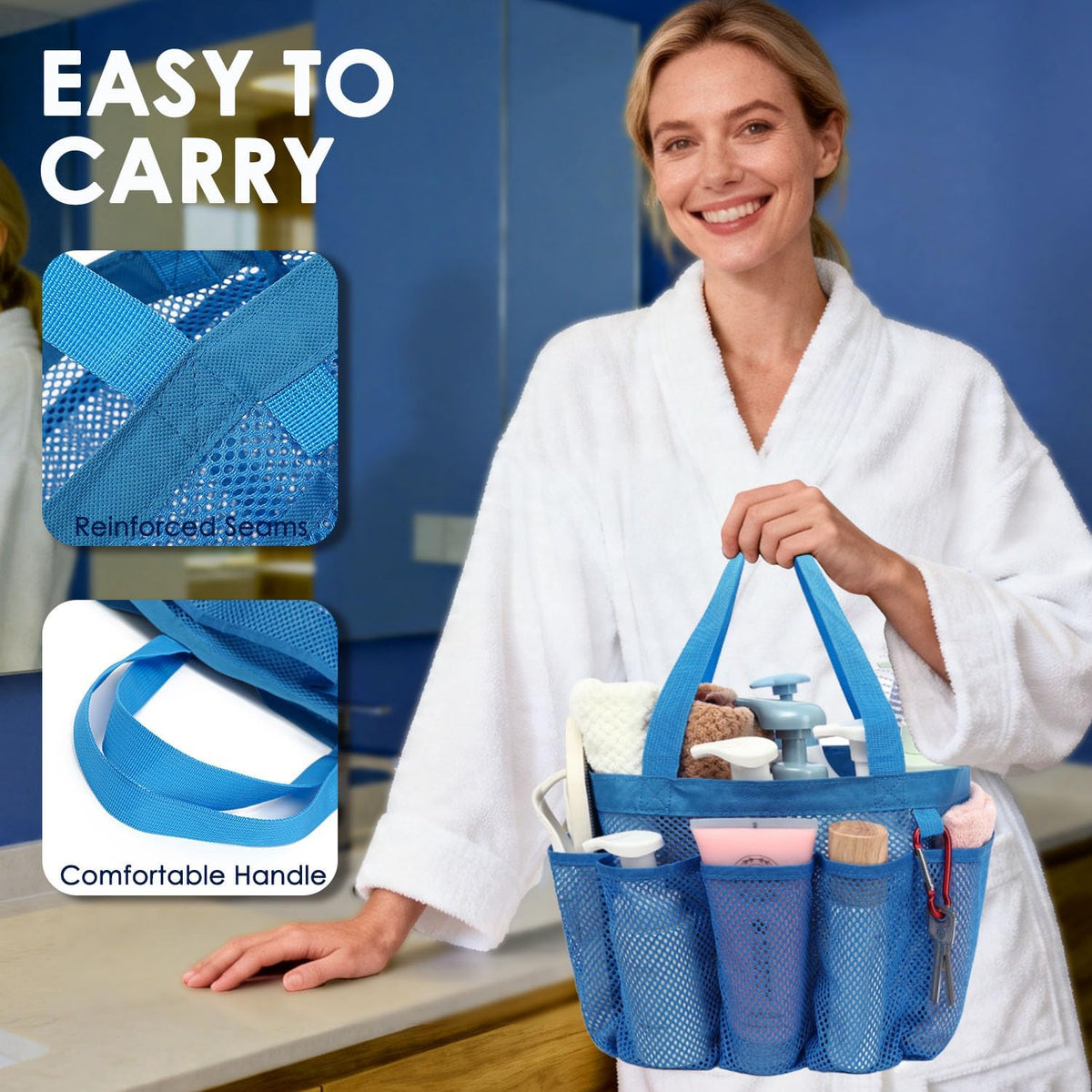 Mesh Shower Caddy Hanging Organizer with 7 Pockets and Hooks, Portable Quick Dry Bathroom Storage for College Dorm, Cruise, RV, Gym, Travel Toiletry Bag, White, 1 Pack