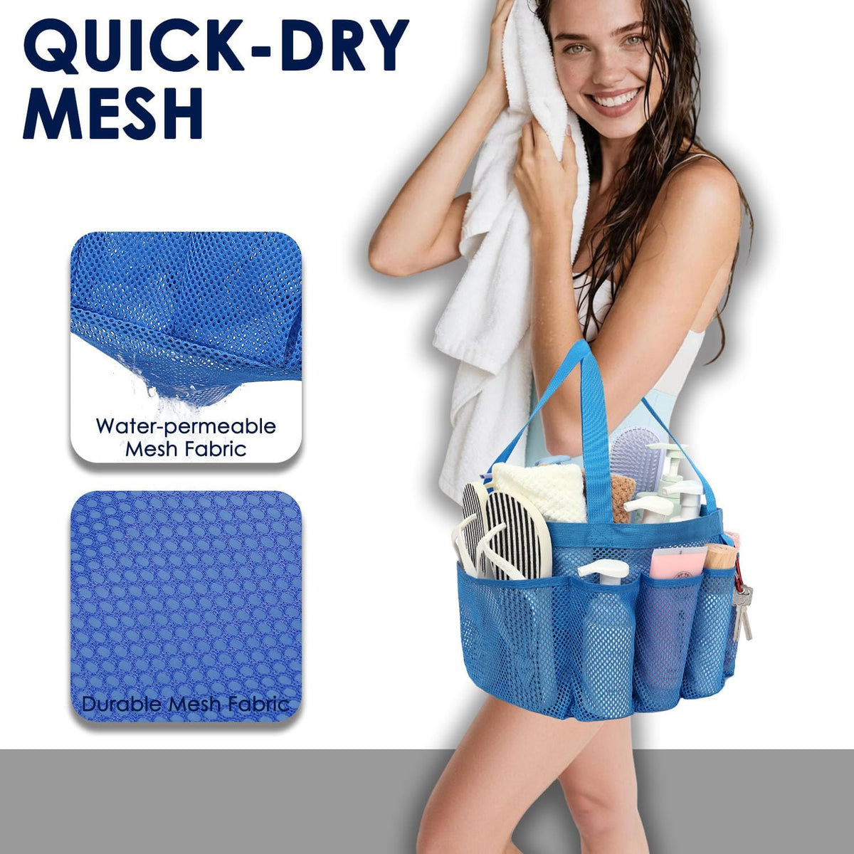 Mesh Shower Caddy Hanging Organizer with 7 Pockets and Hooks, Portable Quick Dry Bathroom Storage for College Dorm, Cruise, RV, Gym, Travel Toiletry Bag, White, 1 Pack