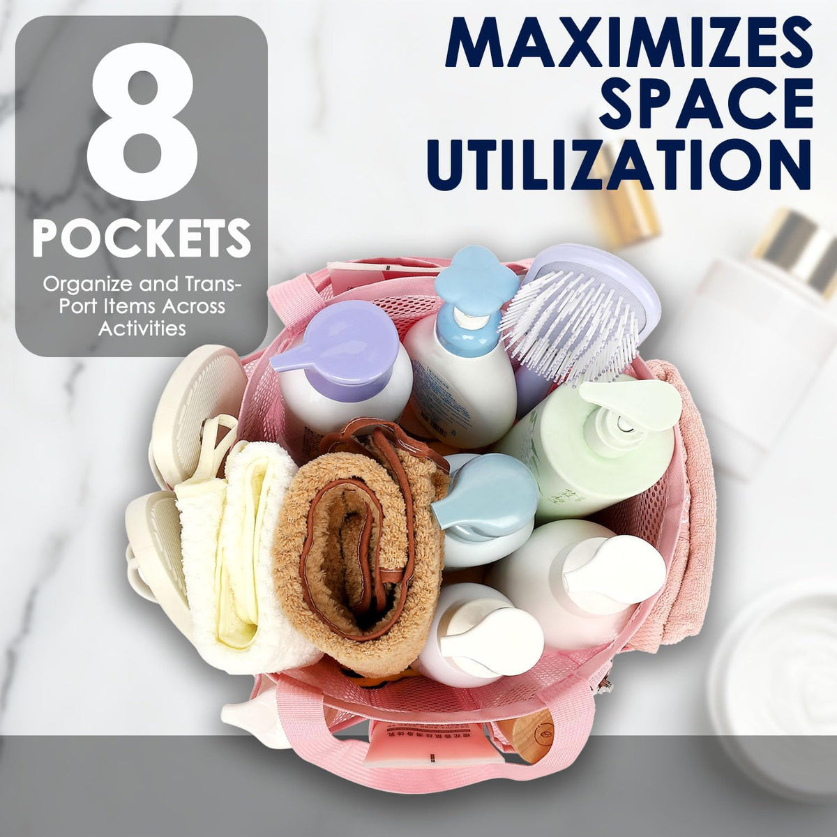 Mesh Shower Caddy Hanging Organizer with 7 Pockets and Hooks, Portable Quick Dry Bathroom Storage for College Dorm, Cruise, RV, Gym, Travel Toiletry Bag, White, 1 Pack