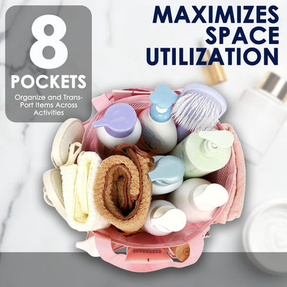 Mesh Shower Caddy Hanging Organizer with 7 Pockets and Hooks, Portable Quick Dry Bathroom Storage for College Dorm, Cruise, RV, Gym, Travel Toiletry Bag, White, 1 Pack