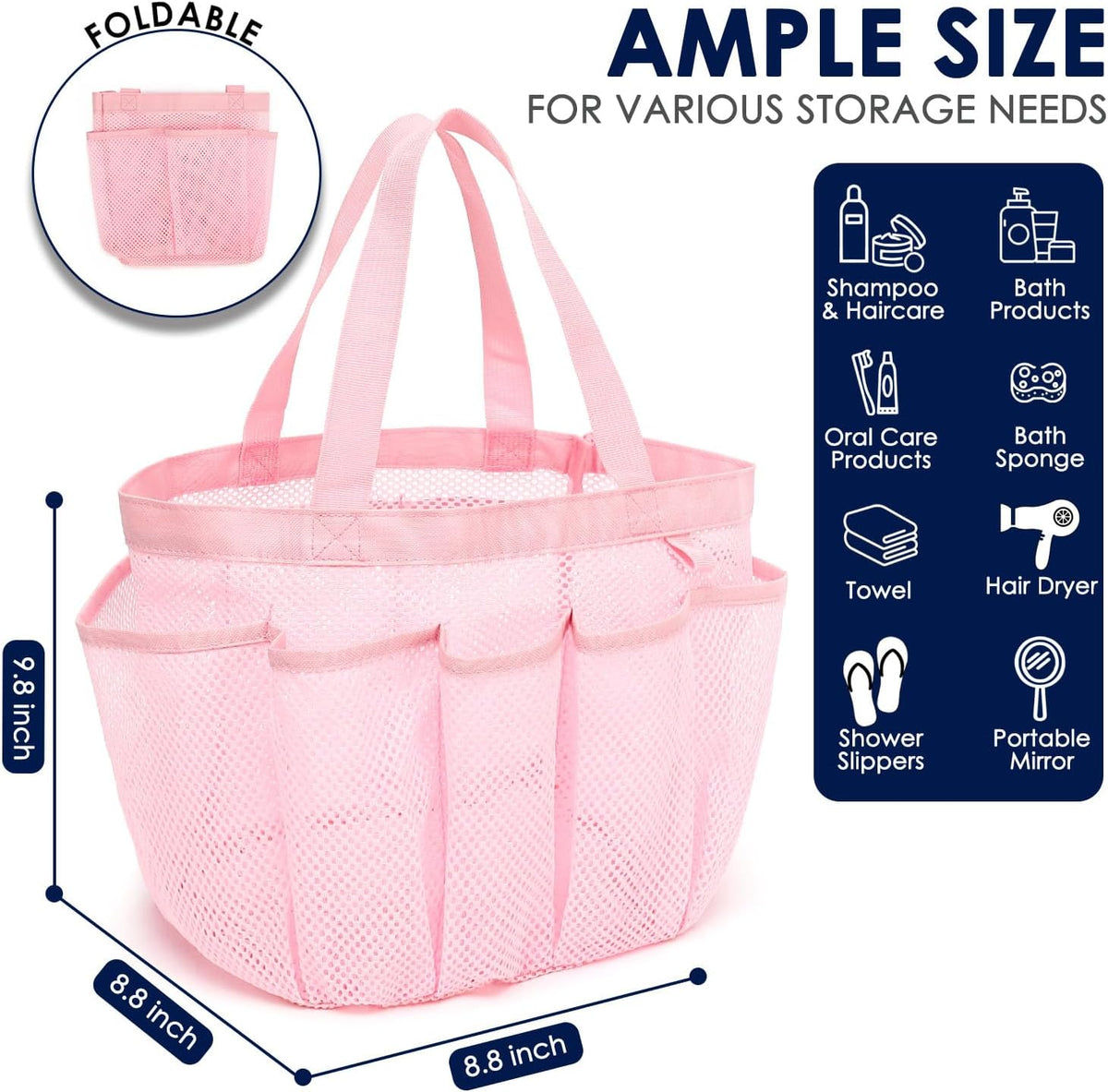 Mesh Shower Caddy Hanging Organizer with 7 Pockets and Hooks, Portable Quick Dry Bathroom Storage for College Dorm, Cruise, RV, Gym, Travel Toiletry Bag, White, 1 Pack