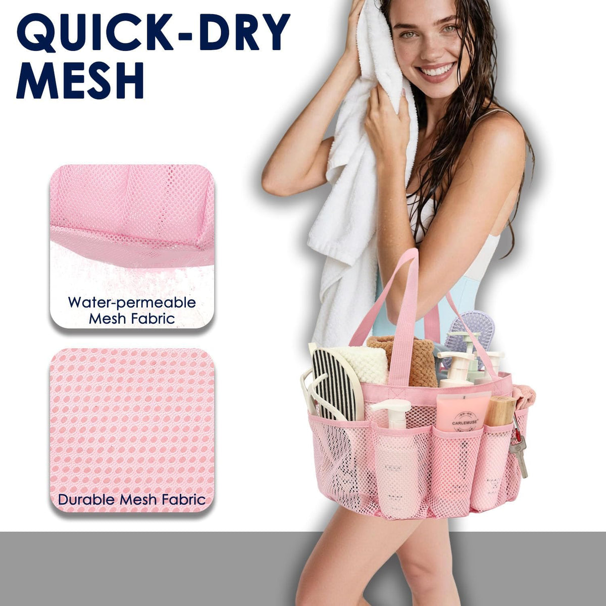 Mesh Shower Caddy Hanging Organizer with 7 Pockets and Hooks, Portable Quick Dry Bathroom Storage for College Dorm, Cruise, RV, Gym, Travel Toiletry Bag, White, 1 Pack