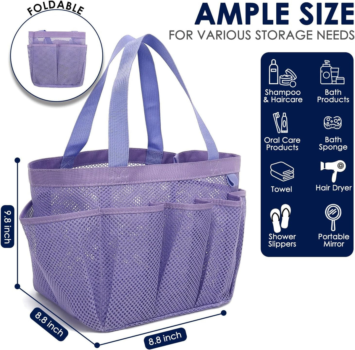 Mesh Shower Caddy Hanging Organizer with 7 Pockets and Hooks, Portable Quick Dry Bathroom Storage for College Dorm, Cruise, RV, Gym, Travel Toiletry Bag, White, 1 Pack