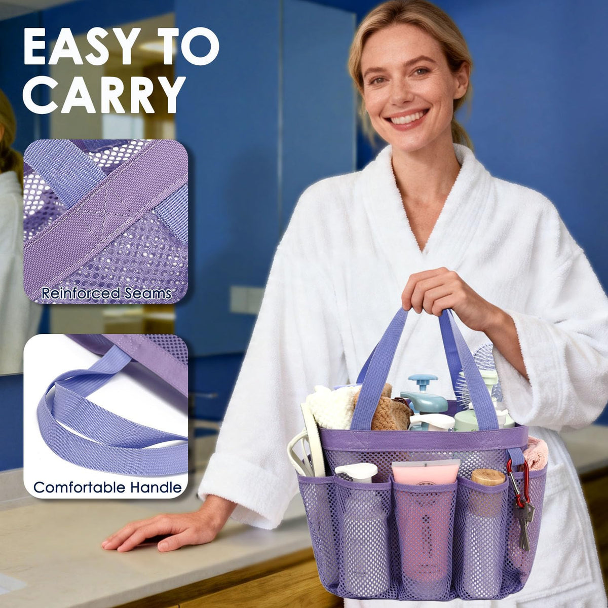 Mesh Shower Caddy Hanging Organizer with 7 Pockets and Hooks, Portable Quick Dry Bathroom Storage for College Dorm, Cruise, RV, Gym, Travel Toiletry Bag, White, 1 Pack