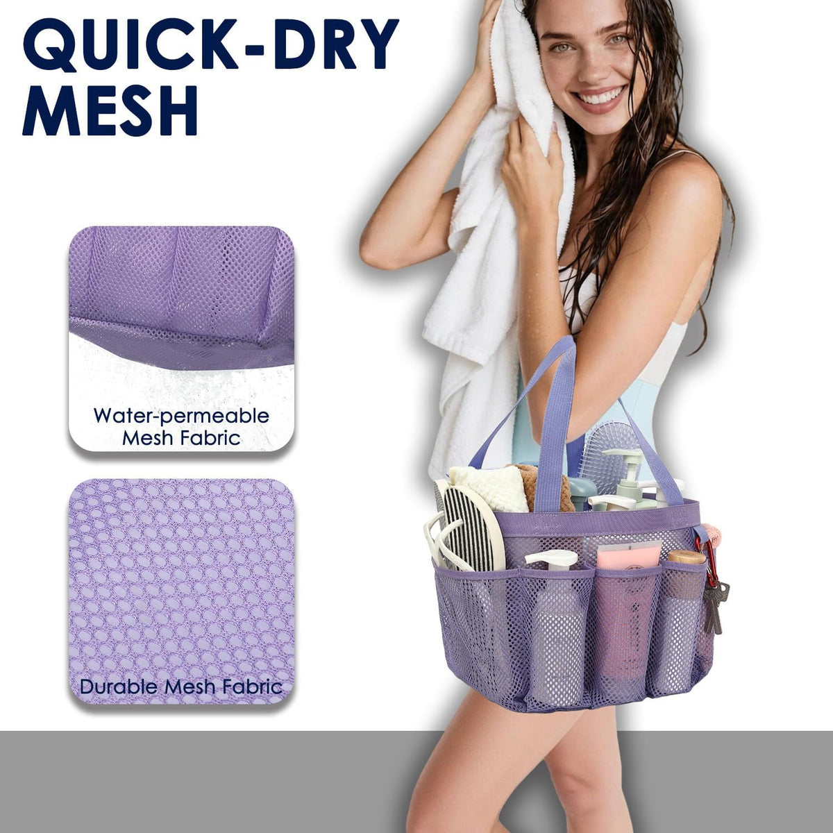 Mesh Shower Caddy Hanging Organizer with 7 Pockets and Hooks, Portable Quick Dry Bathroom Storage for College Dorm, Cruise, RV, Gym, Travel Toiletry Bag, White, 1 Pack