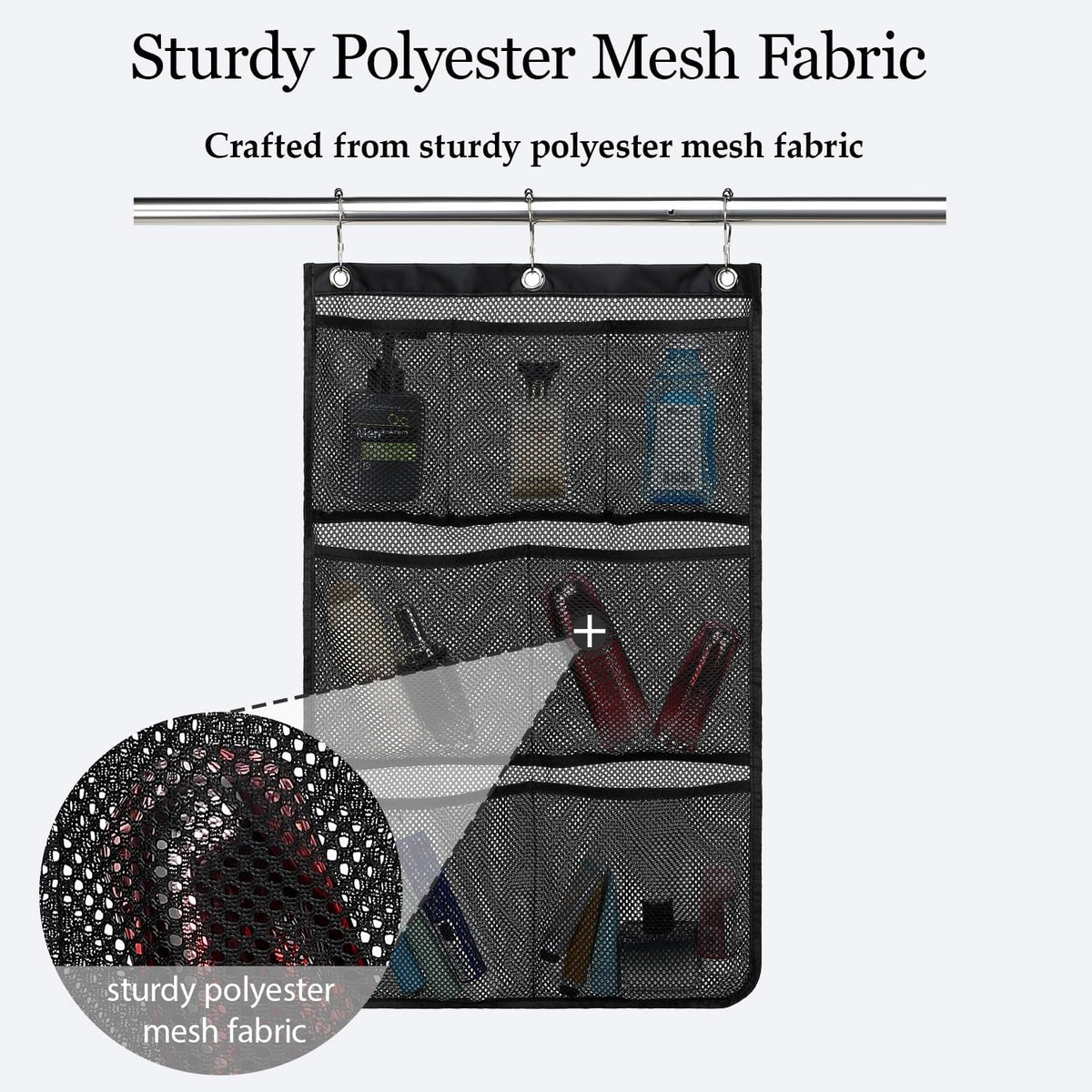 Mesh Shower Caddy Hanging Organizer with 7 Pockets and Hooks, Portable Quick Dry Bathroom Storage for College Dorm, Cruise, RV, Gym, Travel Toiletry Bag, White, 1 Pack