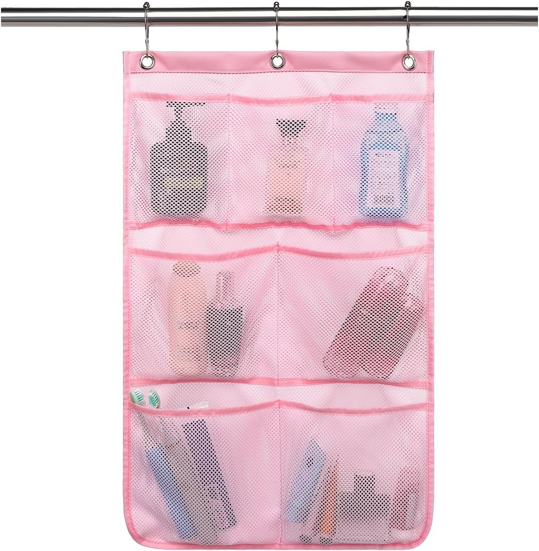 Mesh Shower Caddy Hanging Organizer with 7 Pockets and Hooks, Portable Quick Dry Bathroom Storage for College Dorm, Cruise, RV, Gym, Travel Toiletry Bag, White, 1 Pack