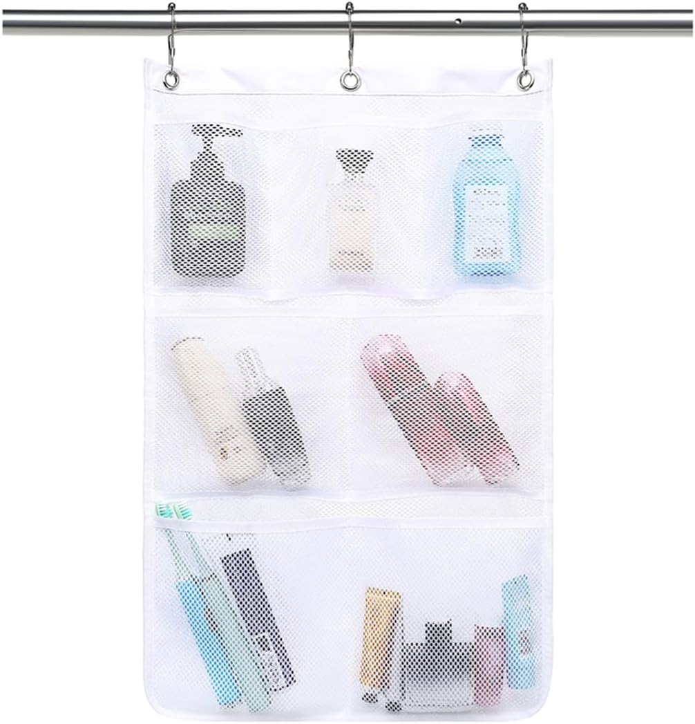 Mesh Shower Caddy Hanging Organizer with 7 Pockets and Hooks, Portable Quick Dry Bathroom Storage for College Dorm, Cruise, RV, Gym, Travel Toiletry Bag, White, 1 Pack