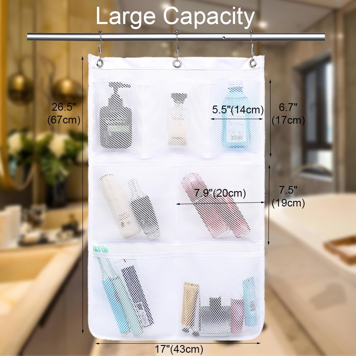 Mesh Shower Caddy Hanging Organizer with 7 Pockets and Hooks, Portable Quick Dry Bathroom Storage for College Dorm, Cruise, RV, Gym, Travel Toiletry Bag, White, 1 Pack
