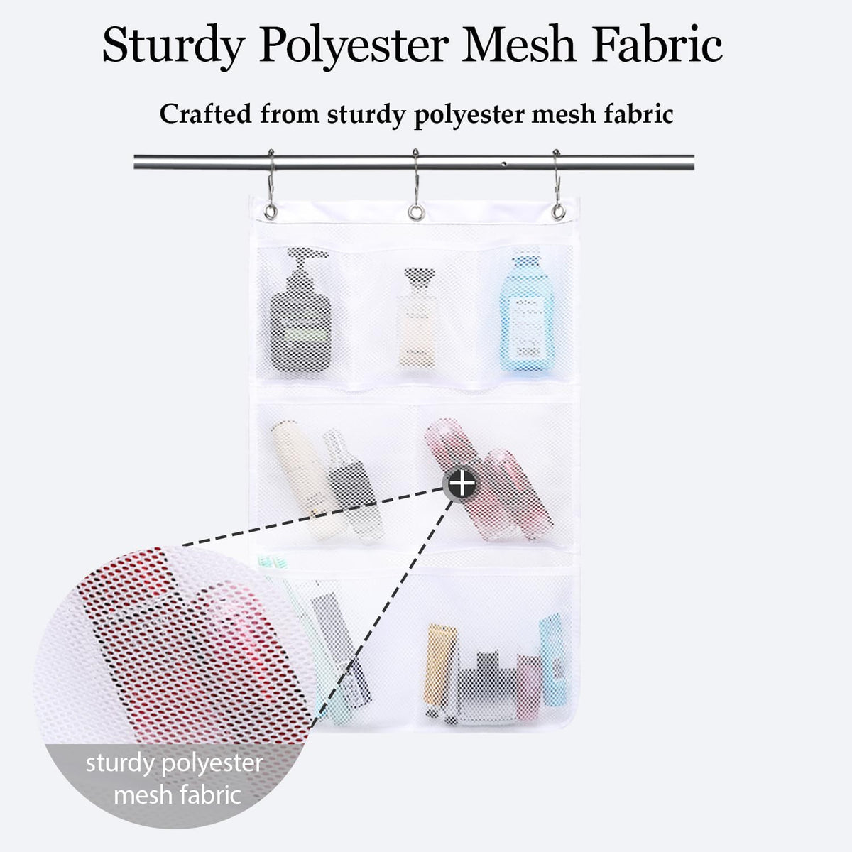 Mesh Shower Caddy Hanging Organizer with 7 Pockets and Hooks, Portable Quick Dry Bathroom Storage for College Dorm, Cruise, RV, Gym, Travel Toiletry Bag, White, 1 Pack