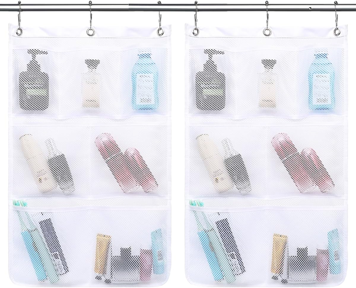 Mesh Shower Caddy Hanging Organizer with 7 Pockets and Hooks, Portable Quick Dry Bathroom Storage for College Dorm, Cruise, RV, Gym, Travel Toiletry Bag, White, 1 Pack