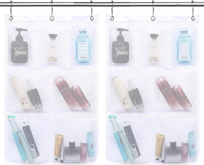 Mesh Shower Caddy Hanging Organizer with 7 Pockets and Hooks, Portable Quick Dry Bathroom Storage for College Dorm, Cruise, RV, Gym, Travel Toiletry Bag, White, 1 Pack