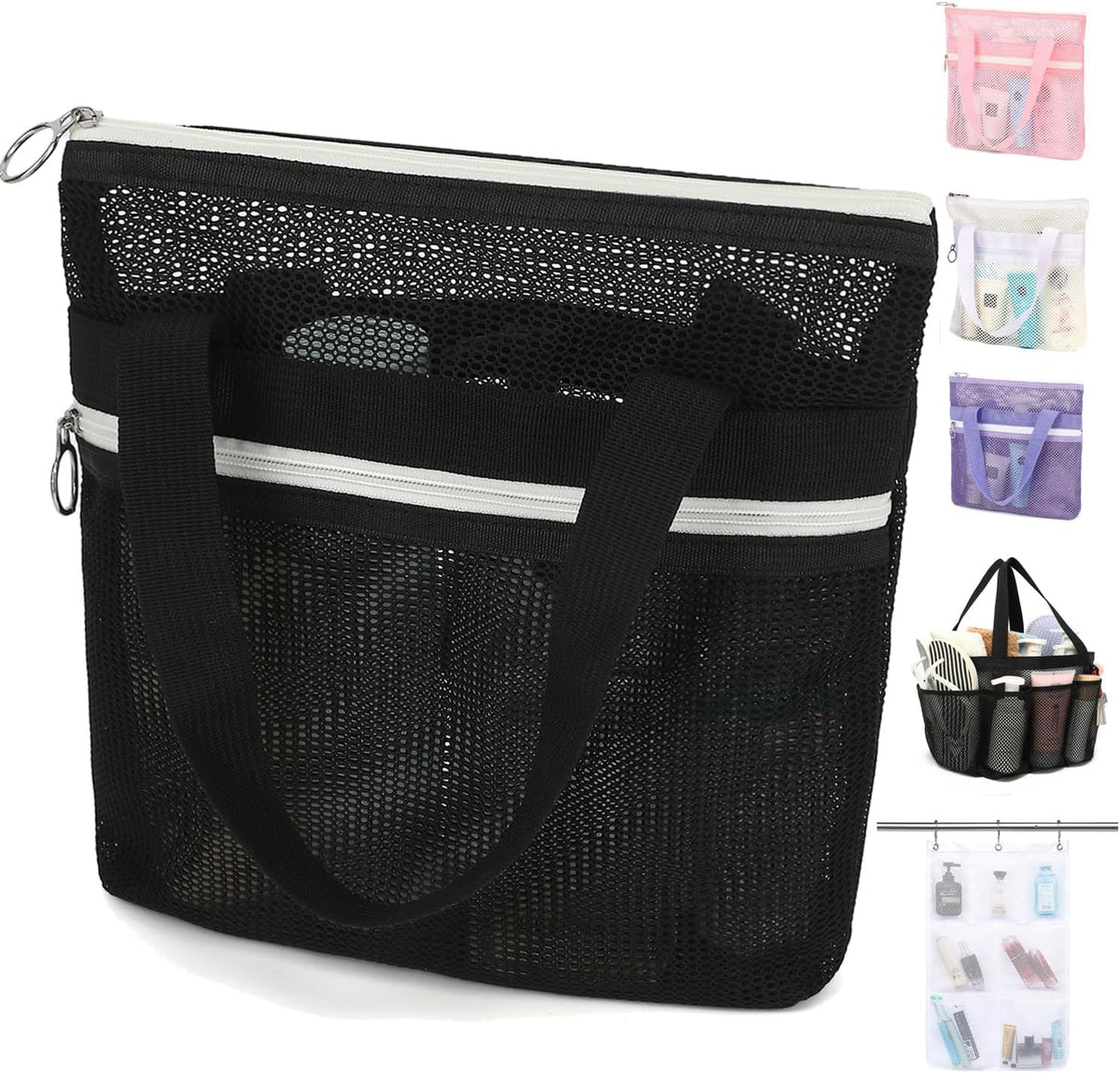 Mesh Shower Caddy Hanging Organizer with 7 Pockets and Hooks, Portable Quick Dry Bathroom Storage for College Dorm, Cruise, RV, Gym, Travel Toiletry Bag, White, 1 Pack