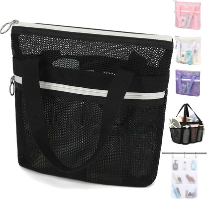 Mesh Shower Caddy Hanging Organizer with 7 Pockets and Hooks, Portable Quick Dry Bathroom Storage for College Dorm, Cruise, RV, Gym, Travel Toiletry Bag, White, 1 Pack