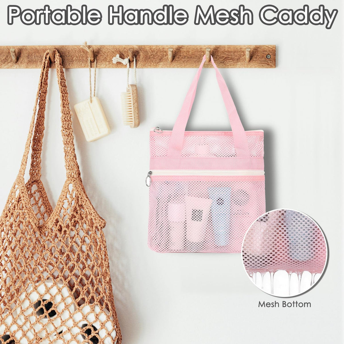 Mesh Shower Caddy Hanging Organizer with 7 Pockets and Hooks, Portable Quick Dry Bathroom Storage for College Dorm, Cruise, RV, Gym, Travel Toiletry Bag, White, 1 Pack