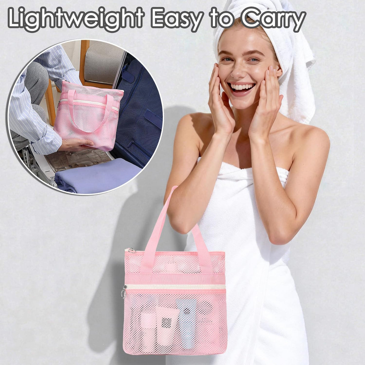 Mesh Shower Caddy Hanging Organizer with 7 Pockets and Hooks, Portable Quick Dry Bathroom Storage for College Dorm, Cruise, RV, Gym, Travel Toiletry Bag, White, 1 Pack