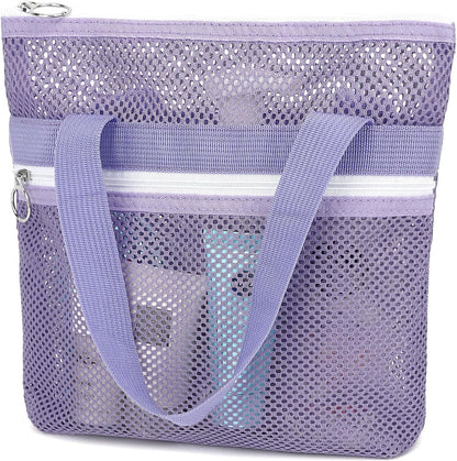 Mesh Shower Caddy Hanging Organizer with 7 Pockets and Hooks, Portable Quick Dry Bathroom Storage for College Dorm, Cruise, RV, Gym, Travel Toiletry Bag, White, 1 Pack