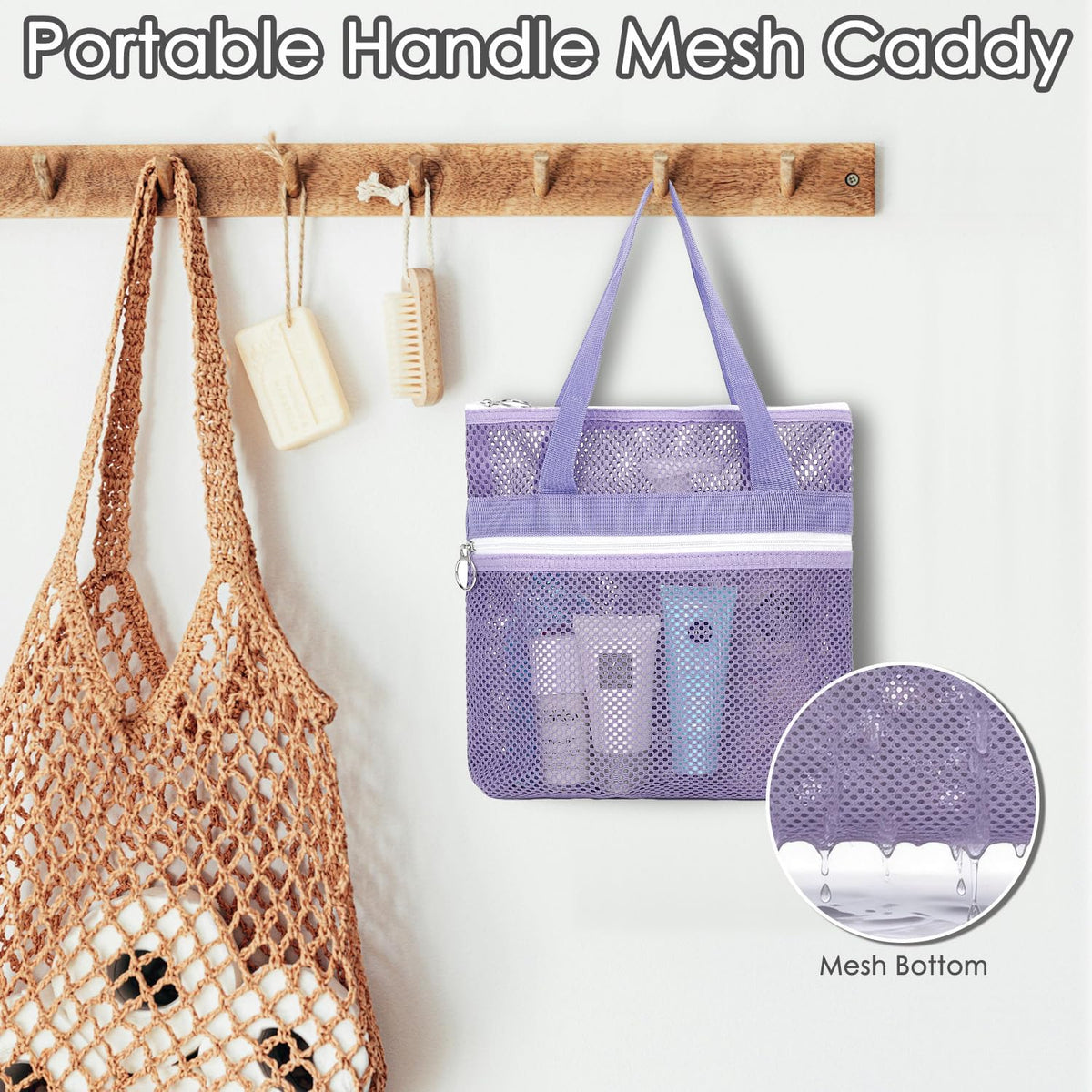 Mesh Shower Caddy Hanging Organizer with 7 Pockets and Hooks, Portable Quick Dry Bathroom Storage for College Dorm, Cruise, RV, Gym, Travel Toiletry Bag, White, 1 Pack