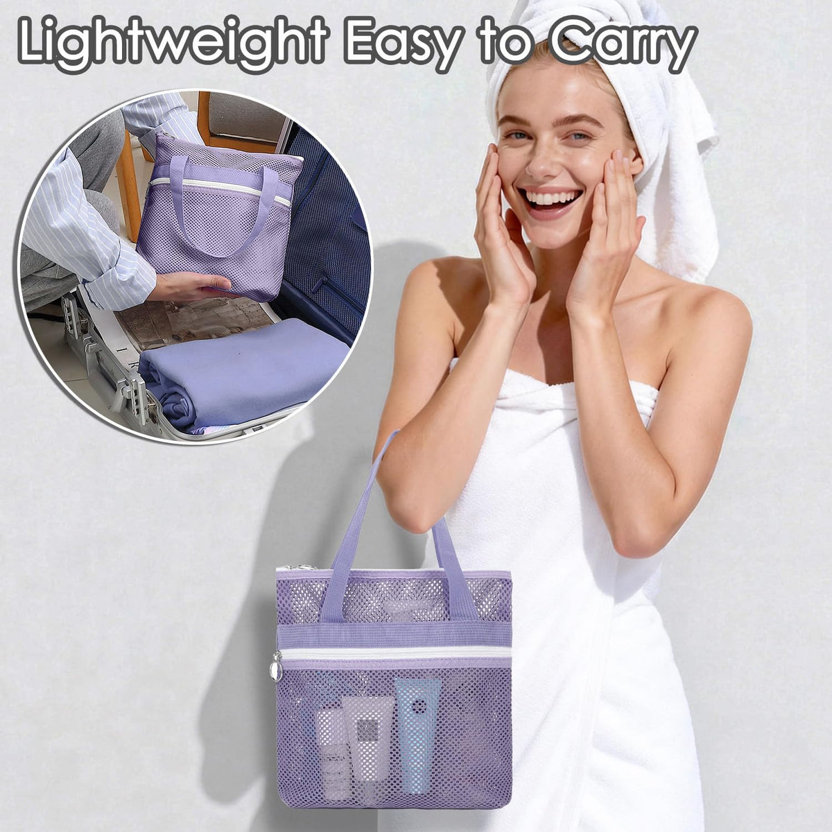 Mesh Shower Caddy Hanging Organizer with 7 Pockets and Hooks, Portable Quick Dry Bathroom Storage for College Dorm, Cruise, RV, Gym, Travel Toiletry Bag, White, 1 Pack